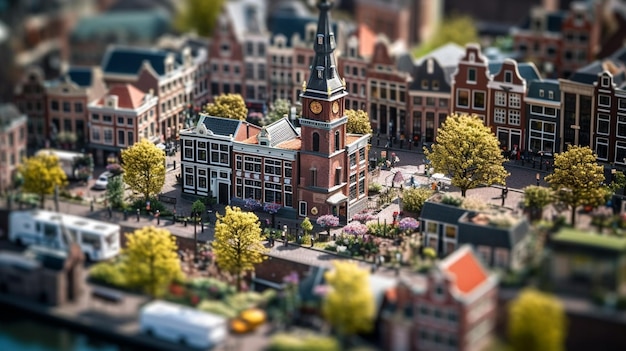 Un modelo en miniatura de una ciudad con una torre de reloj en el centro.