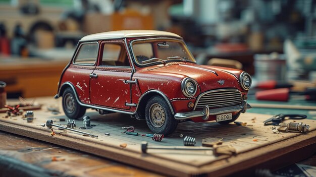 Modelo en miniatura de coche rojo y herramientas en alfombra azul