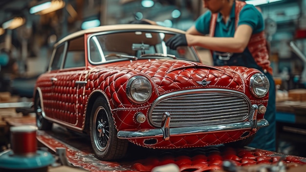 Modelo en miniatura de coche rojo con herramientas en alfombra azul