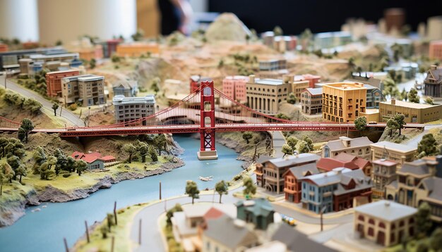 Un modelo en miniatura detallado de San Francisco utilizando múltiples materiales incluye las tierras montañosas de la ciudad