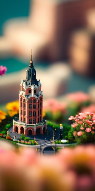 Un modelo en miniatura de un edificio con un jardín de flores en primer plano