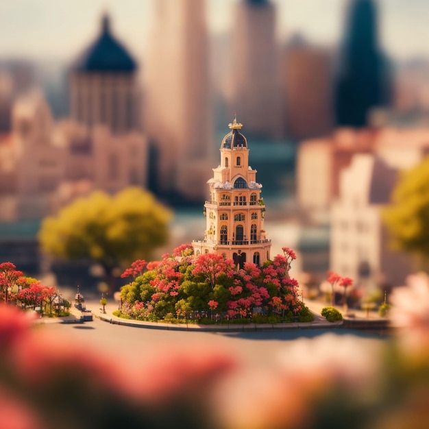 Un modelo en miniatura de un edificio con una torre y flores en primer plano