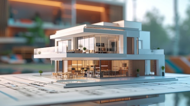 Foto modelo en miniatura de una elegante casa moderna en planos que simbolizan el diseño arquitectónico