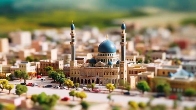 Un modelo en miniatura de una mezquita con una cúpula azul.