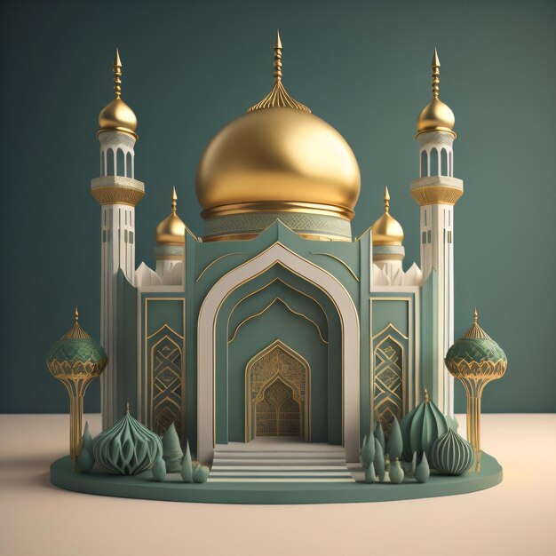 Un modelo en miniatura de una mezquita con un fondo verde.