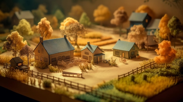 Un modelo en miniatura de un pueblo con árboles y un campo al fondo.