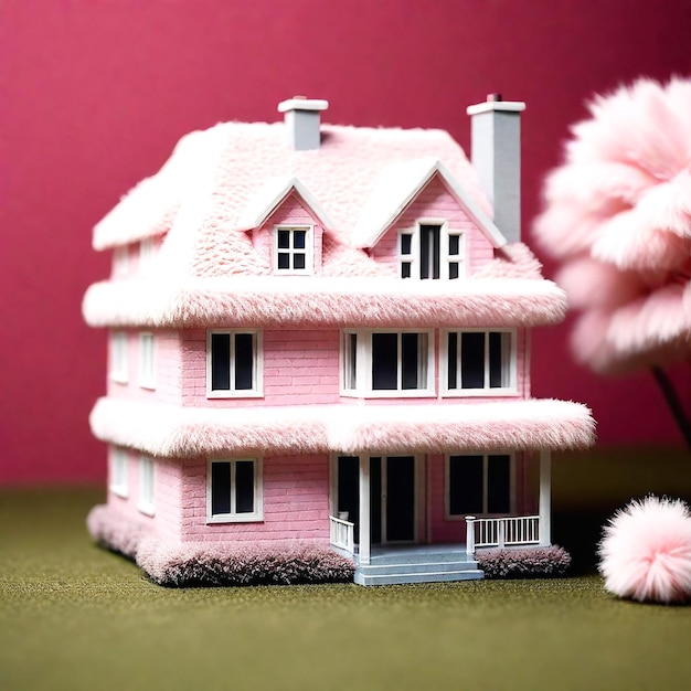 Modelo en miniatura rosa de una casa moderna