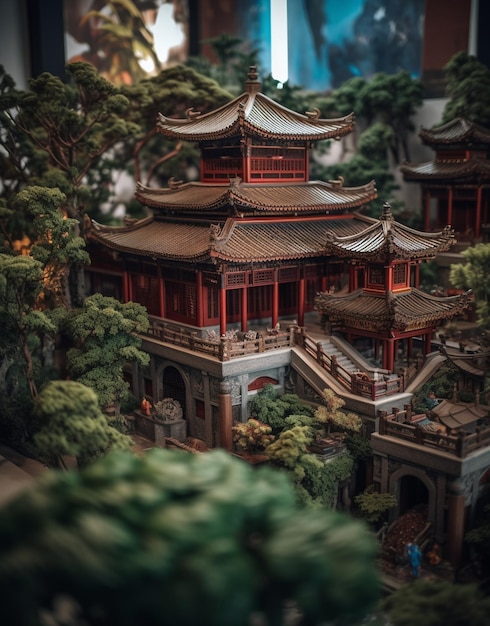 Un modelo en miniatura de un templo chino con un edificio al fondo.