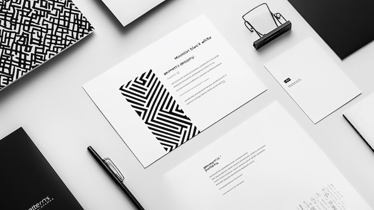 Foto modelo minimalista de papelaria em preto e branco