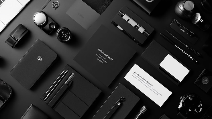 Foto modelo minimalista de papelaria em preto e branco