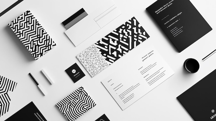 Foto modelo minimalista de papelaria em preto e branco