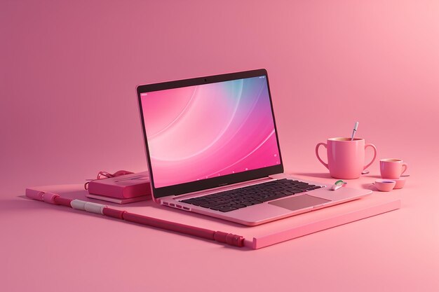 Foto modelo mínimo de laptop em fundo rosa