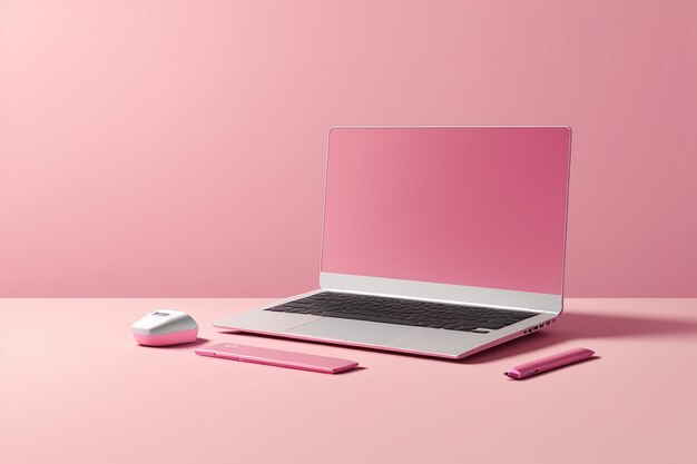 Foto modelo mínimo de laptop em fundo rosa