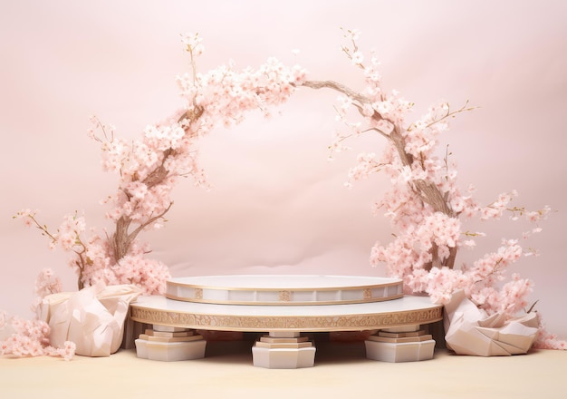 Modelo mínimo de fondo para la presentación del producto Podium rosa y flor de cerezo en fondo rosa AI Generativo