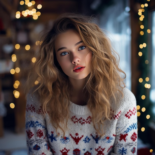 La modelo de moda abraza la tendencia del suéter feo con una acogedora nieve de invierno y vibraciones navideñas