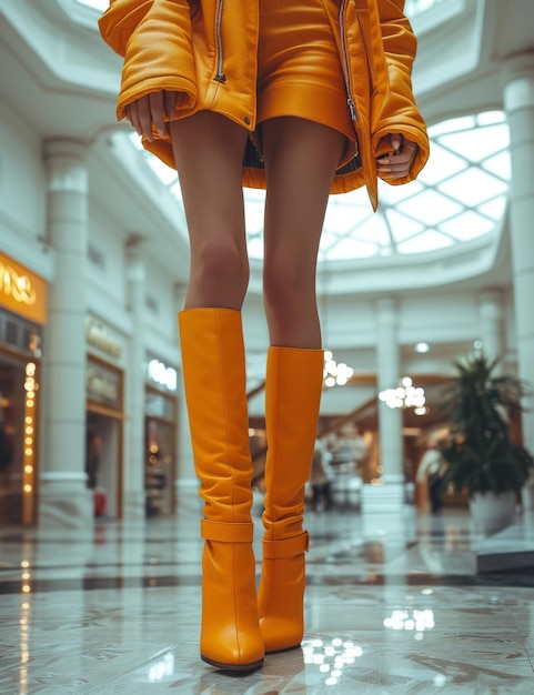 modelo de moda con abrigo amarillo posando en el fondo de la ciudad