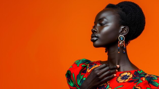 Modelo de moda africano pose vibrante en fondo naranja dinámico y elegante iluminación cálida de alto detalle AI generativa