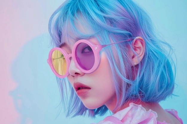 Modelo de moda asiático de cabello azul con gafas