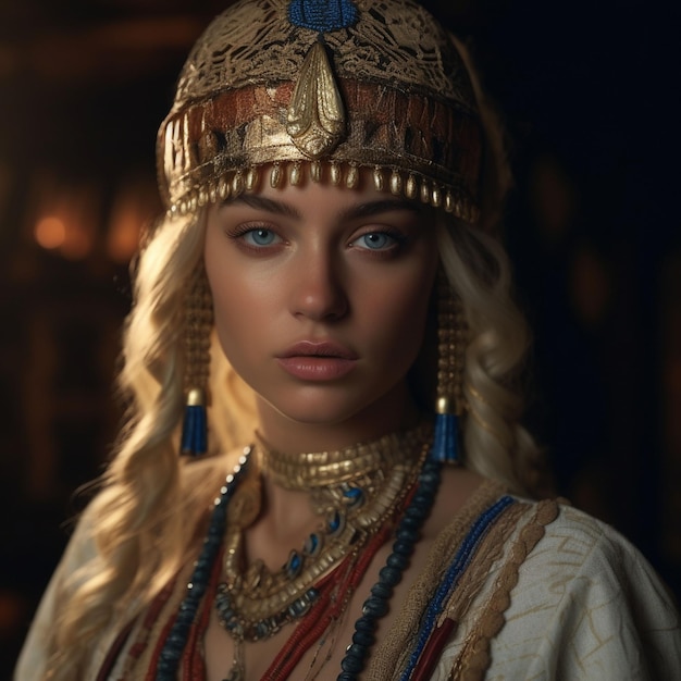 Modelo de moda atractivo y caliente en el traje real de la reina egipcia Cleopatra