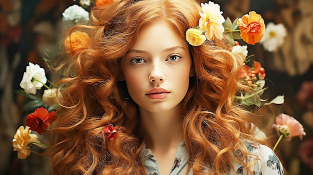 Modelo de moda belleza maquillaje peinado con flor hermosa mujer retrato de estudio