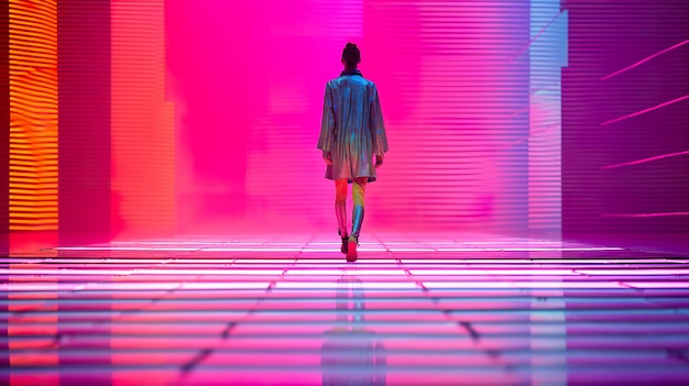 Una modelo de moda caminando por una pista de aterrizaje Synthwave 80 ai generar