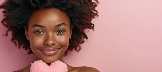 Foto modelo de moda del día de san valentín en una sesión de fotos concepto de amor en fondo rosa con espacio de texto