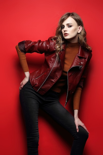 Modelo de moda hermosa mujer joven. chaqueta de cuero, tiro del estudio, fondo rojo