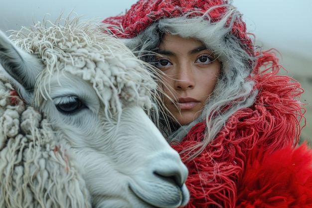 Modelo de moda con llama en traje rojo texturizado