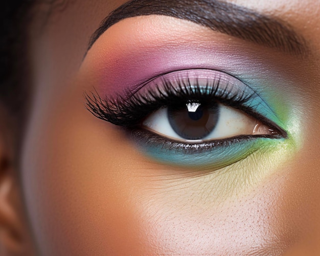 Modelo de moda con luces brillantes y coloridas con maquillaje de moda Primer plano del ojo de la mujer