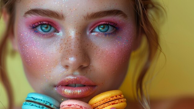 Modelo de moda con maquillaje y manicura de colores tomando macarrones de colores mujer hermosa maquillaje brillante lápiz labial púrpura sombra de ojos vívida y accesorios concepto de dieta y dieta dulces