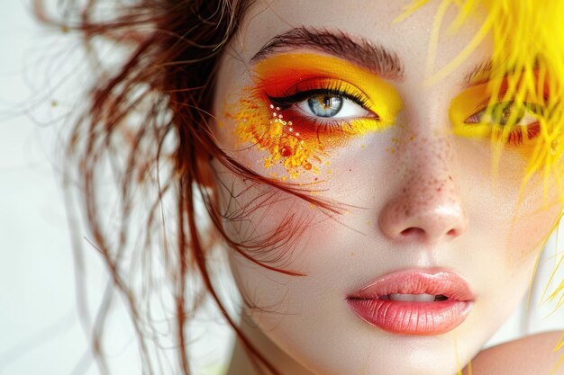 Foto modelo de moda con maquillaje y peinado creativo amarillo y naranja