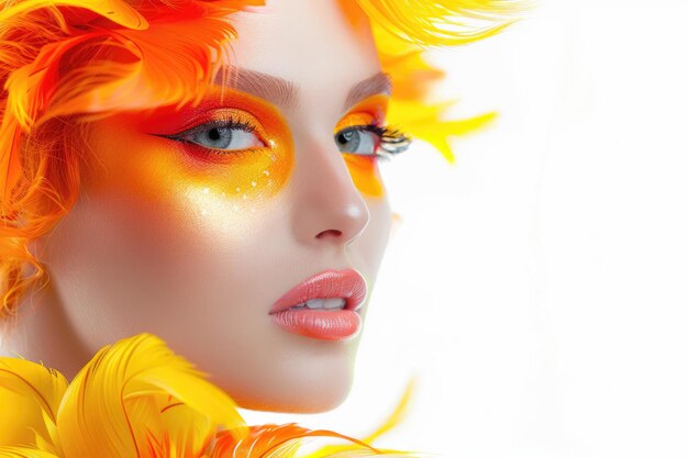 Foto modelo de moda con maquillaje y peinado creativo amarillo y naranja