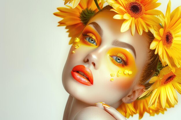 Modelo de moda con maquillaje y peinado creativo amarillo y naranja