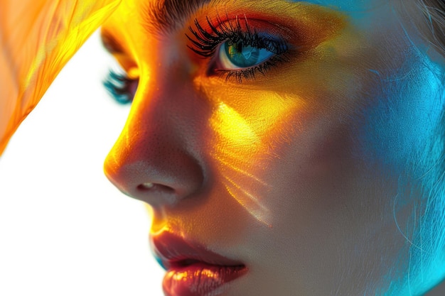 Modelo de moda con maquillaje y peinado creativo amarillo y naranja