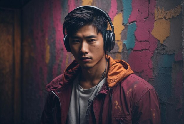 Modelo de moda masculino asiático joven con retrato de auriculares