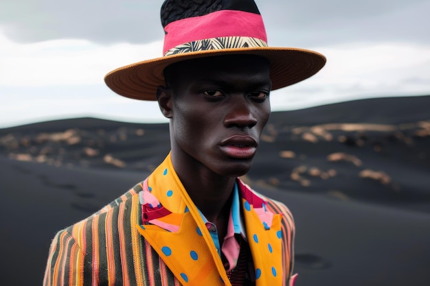 Un modelo de moda masculino negro en un traje ecléctico colorido y un sombrero de diseñador contra el telón de fondo de dunas de arena negra lisa