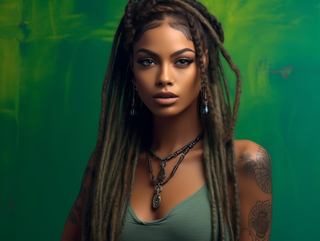 Modelo de moda mujer afroamericana con estilo rastas