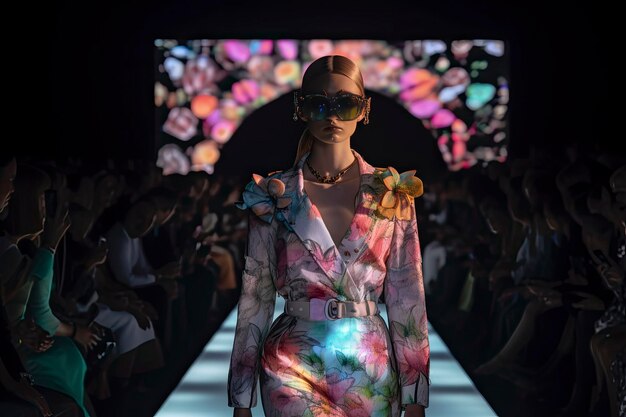 Foto modelo de moda en la pista con trajes florales y accesorios futuristas