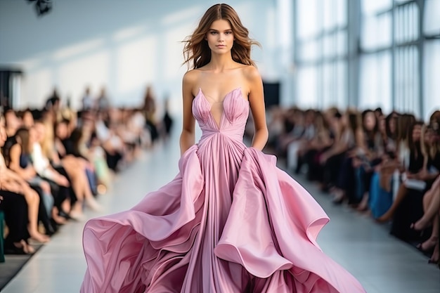 modelo de moda en el podio con un vestido hermoso