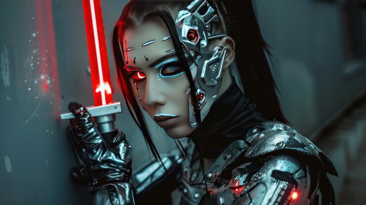 Foto modelo de moda posando mujer cyborg de fantasía robot creativo traje cuerpo de metal maquillaje creativo estilo cyberpunk cabello negro chica alienígena sexy en realidad virtual guerrero de guerra futuro vr espada láser en las manos