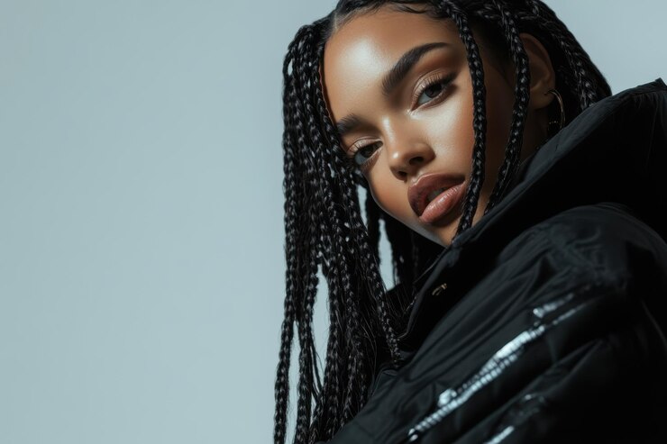 Modelo de moda posando con trenzas largas y una elegante chaqueta negra
