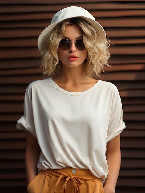 Modelo de moda sofisticado de Vogue en camiseta blanca para las necesidades de marca