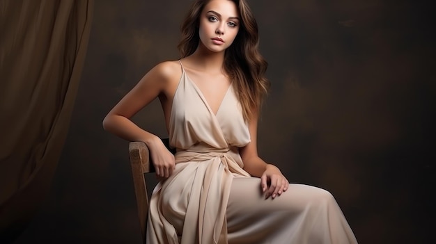 Modelo de moda en vestido beige