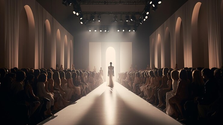 Modelo de moda con vestido blanco en la pasarela generativa ai