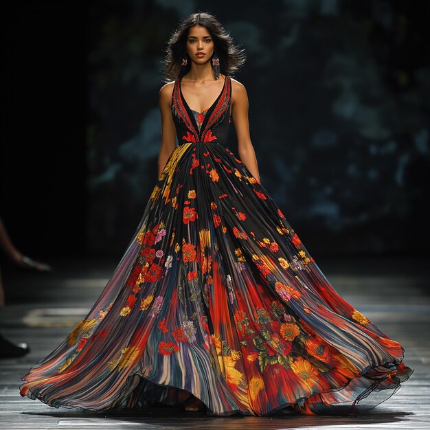 Modelo de moda con vestido floral caminando y posando en la pista