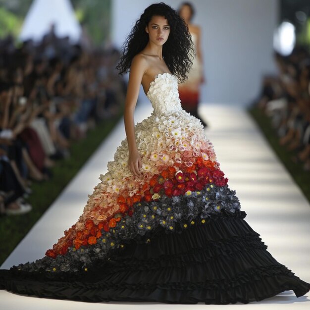 Modelo de moda con vestido floral caminando y posando en la pista