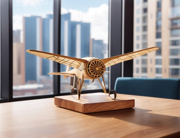 un modelo de un modelo de avión está sobre una mesa