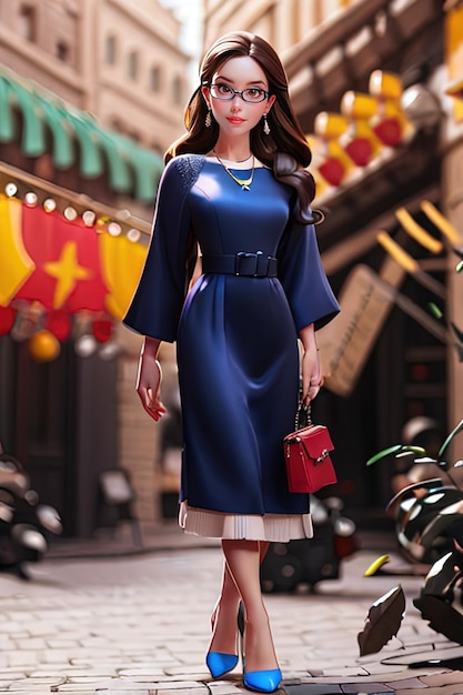un modelo de una modelo con un vestido azul con un bolso rojo.