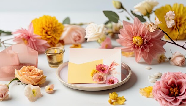 Modelo moderno de convite de casamento rosa e amarelo com detalhes florais