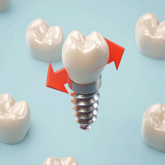 Foto modelo molar dental 3d con material de relleno de flecha espiral roja para las redes sociales